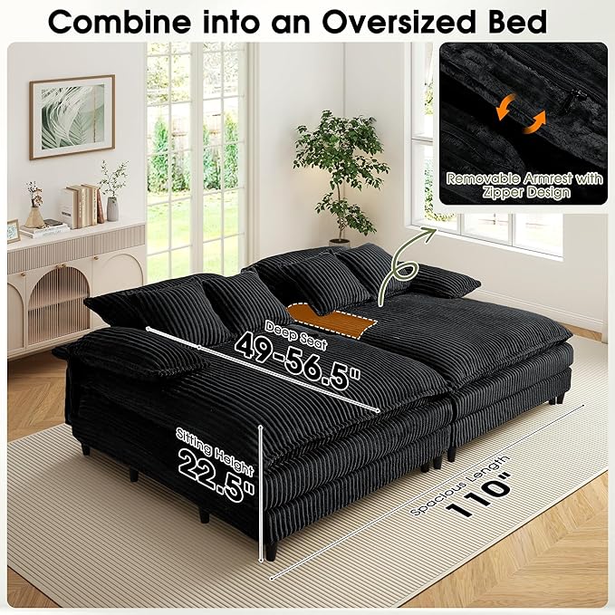 55 W Oversized Chaise Lounge Sofa Couch with 5-Position Adjustable Backrest Corduroy Sleeper Chair Sofa Bed Reading Chair ‌with Deep Seat Cloud Couches for Living Room Bedroom Black