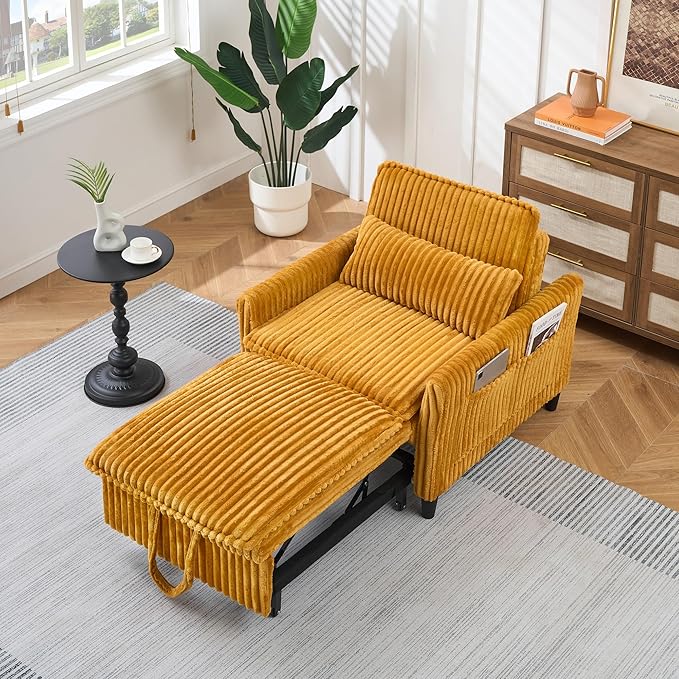 3-in-1 Convertible Sofa Chair BedPull Out Couch Single Sleeper Chair Bedwith Adjustable Backrest with Side Pockets Lounge Sofa for Living Room Bedroom Small Spaces (Yellow)