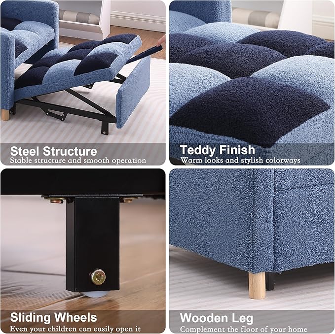 Sleeper Chair Bed Multi-Functional Convertible Chair Sleeper Teddy Fabric Adjustable Pull Out Sofa Bed with Lumbar for StudioDorm Apartment BedroomOfficeLiving Room (Blue)