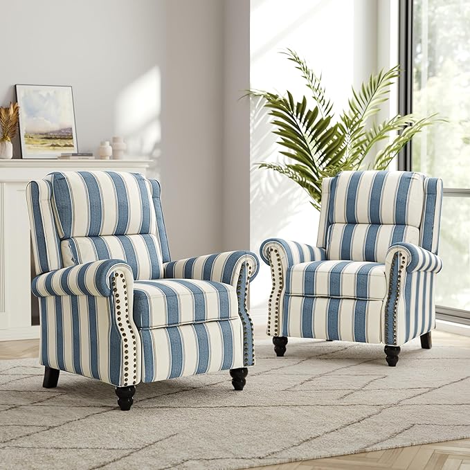 Recliner Chair Modern Pushback Armchair with Adjustable Backrest &amp Footrest for Bedroom Living Room (Navy Blue StripeSet of 1)