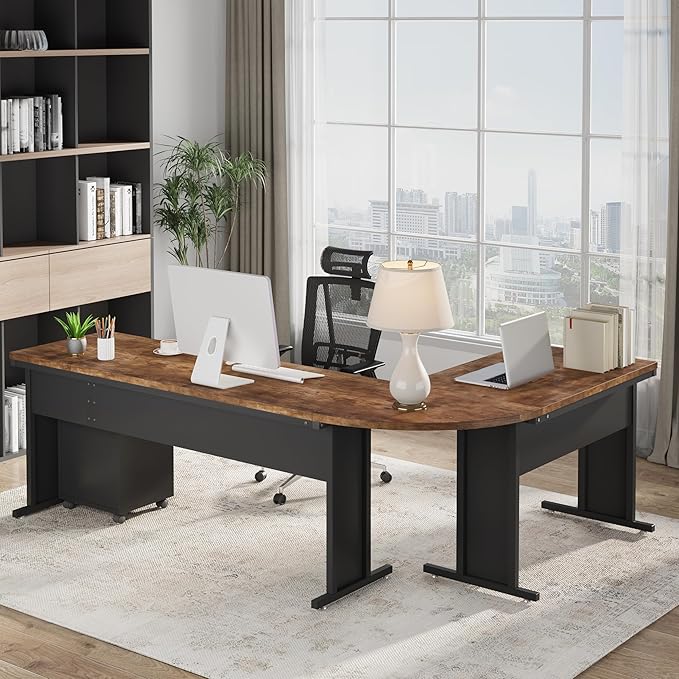 Tribesigns 83 L-Shaped Executive Desk Reversible Modern Office Desk with Drawers &amp Rolling File Cabinet Large Corner Computer Desk Business Workstation for Home Office (Brown)