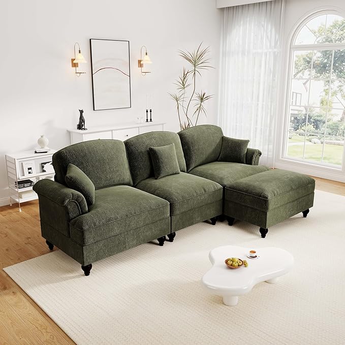 Rovibek 107” L Shaped Couch Chenille Midcentury Modern Sofa with Detachable Ruffle Hem Sectional Couches for Living Room with Throw Pillows &amp Ottoman Green