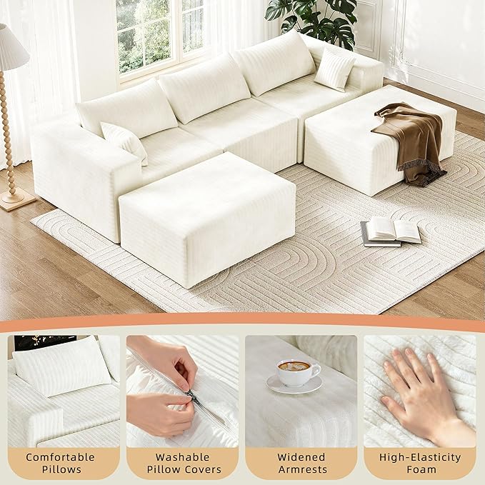 110 Boneless Couches for Living Room Cloud Couch Modular Sectional Sofa with Deep Seat Plush Large Foam SofaU-Shape Sofa CouchNo Assembly Required White (Plush Corduroy Fabric)