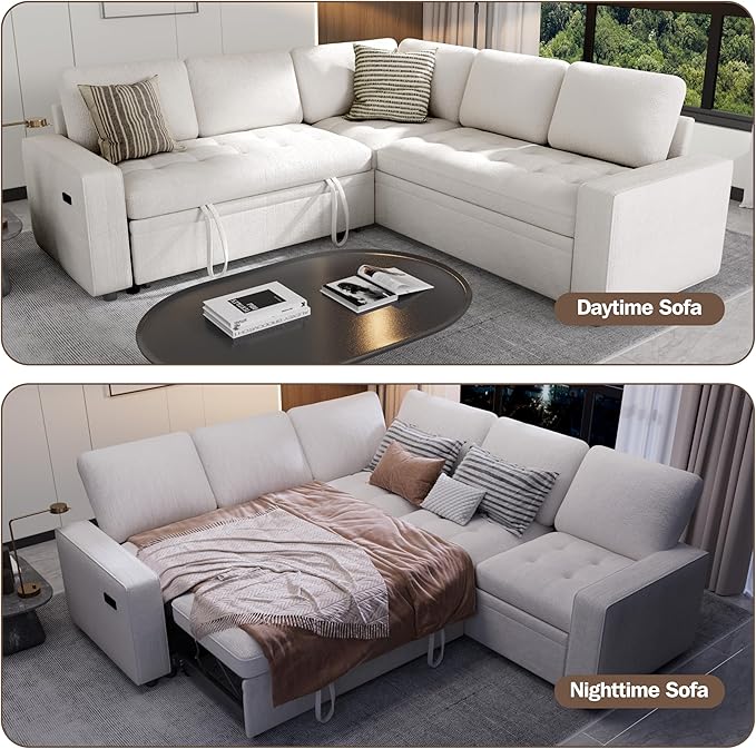 Sunny Heart Chenille Modular Sectional Sleeper Sofa with Pull Out Bed L Shaped Sectional Sofa with USB Ports/Adjustable Backrest/Storage Seats Tool-Free Assembly Couches for Living Room Beige