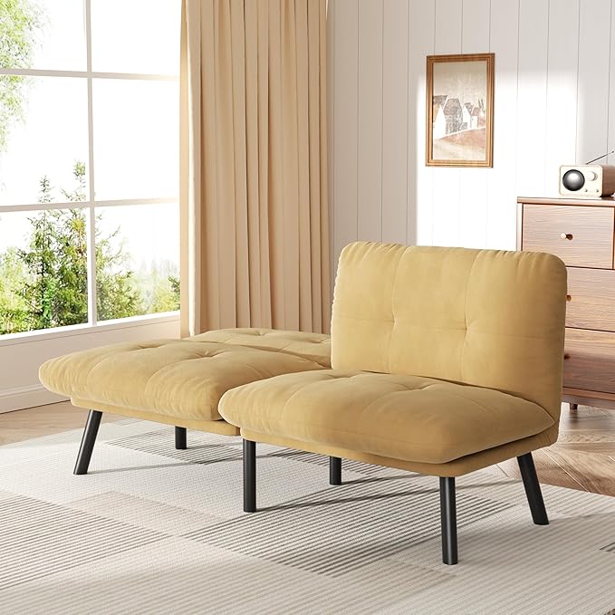 Futon Sofa Sleeper Couch Bed with Adjustable Backrest Thick Cushion Velvet Fabric for Department Living Room Lounge Sofa Loveseat (Brown)