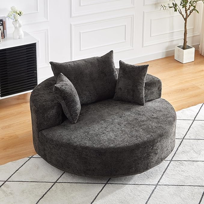 KEIKI 55 Oversized Swivel Accent Chair Chenille Large Barrel Chairs Upholstered Round Swivel Chair Single Sofa Armchair Sleeper Chair for Living Room Lounge Black