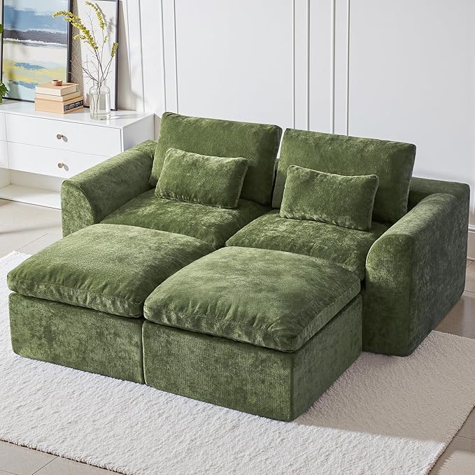 Modern Sectional Cloud Couch - 120'' Soft Modular Sectional Sofa – No Assembly Required - Deep Seat Couches with 2 Movable Ottomans - Oversized Chenille Sofa for Living Room - Green