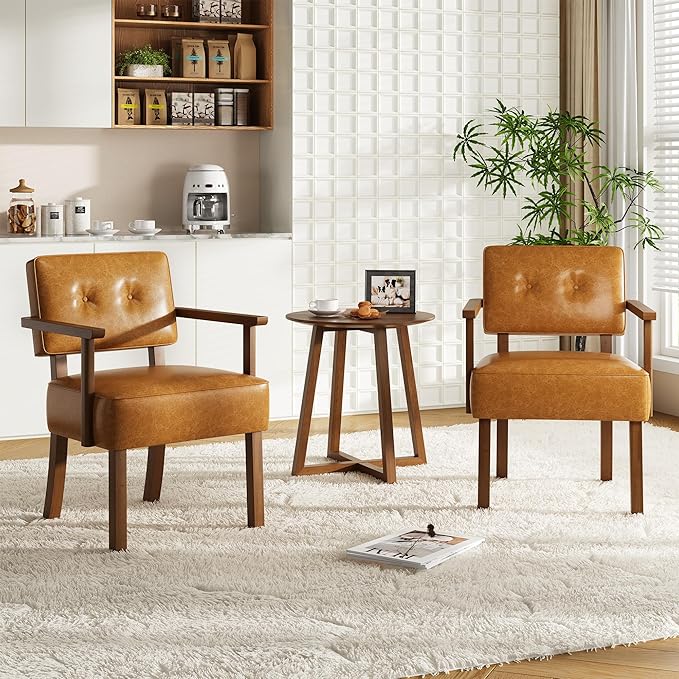 GarveeHome Faux Leather Accent Chair Mid-Century Modern Armchair with Button Tufting Reading Leisure Chair with Wood Frame for Living Room Brown