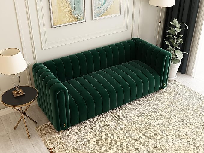 81 Green Velvet Sofa Mid Century Modern Couch for 3 Person Chesterfield Tufted Velvet Couches for Living Room Apartment Bedroom Office