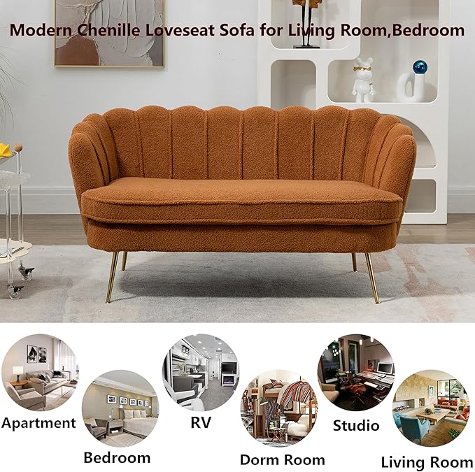 Boucle Small Sofa Couch for Small Spaces Living Room Bedroom59 Loveseat Couches with Gold Metal LegsChannel Tufted 2 Seater Sofas with Curved Back and Arms for ApartmentRV.