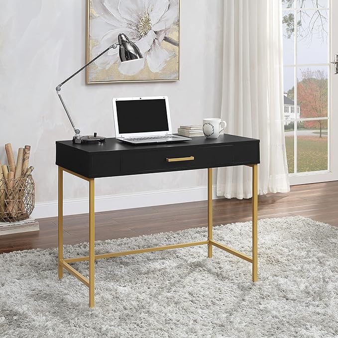 OSP Home Furnishings Modern Life Contemporary Writing Desk with Large Drawer and Gold Metal Legs Black Finish