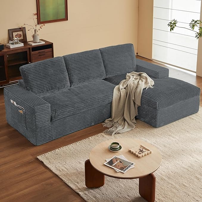 115 Modular Sectional Couch with Chaise Cloud Couch Deep Seat Fluffy Corduroy Sofa Memory Foam Boneless Couches for Living Room Bedroom No Assembly Required (Grey 115 Right Chaise)