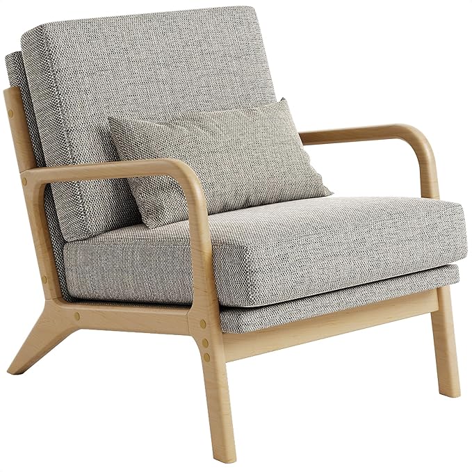 Claiks Mid-Century Modern Accent Chair Living Room Armchair with Solid Wood Frame &amp Lumbar Pillow Comfy Upholstered Lounge Chair for Bedroom Office Linen-Like Fabric Dark Gray