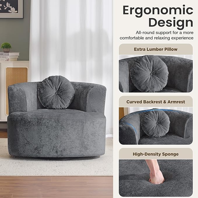MELLCOM Oversized Swivel Accent Chair Modern Curved Back Single Sofa Chair Comfy All-Foam Compression Upholstered Round Armchair with PillowCozy Chenille Barrel Chair for Living RoomBedroom(Grey)