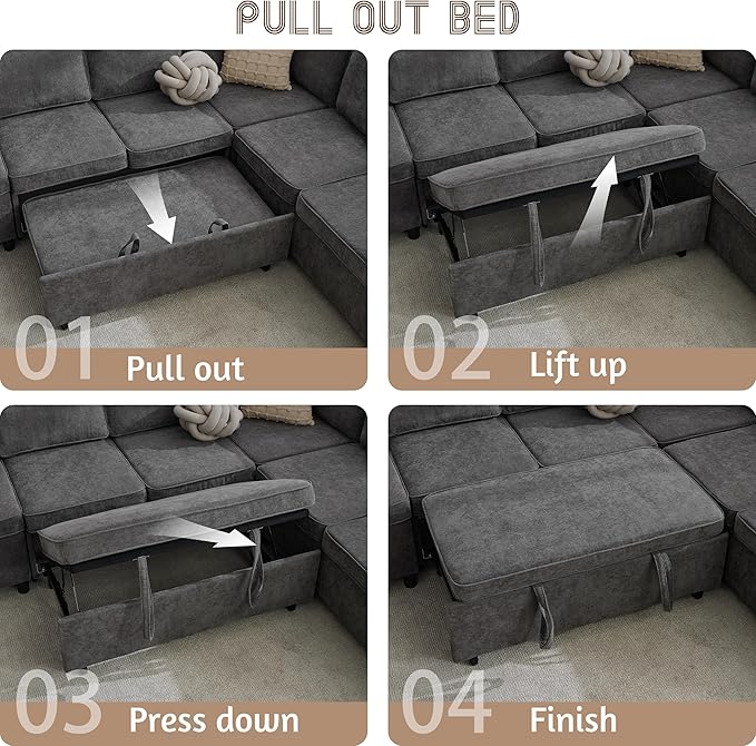 107 Modular Sectional Sleeper Sofa with Pull Out Bed 7 Seat U Shaped Couch with Storage Ottoman USB Port &amp 6 Pillows Sectional Couches for Living Room &amp Apartment Modular Cloud Couch Gre