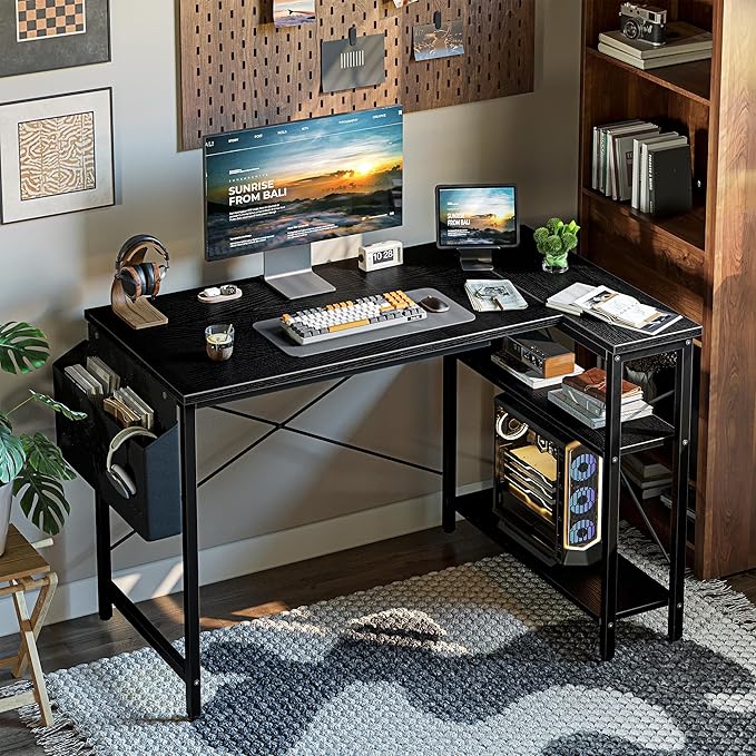 Grandder L Shaped Computer Desk with Reversible Shelves 47 Inch Small Corner Desk with Storage Bag Gaming Desk Computer Table Study Writing Table for Home Office Bedroom Small Space Black