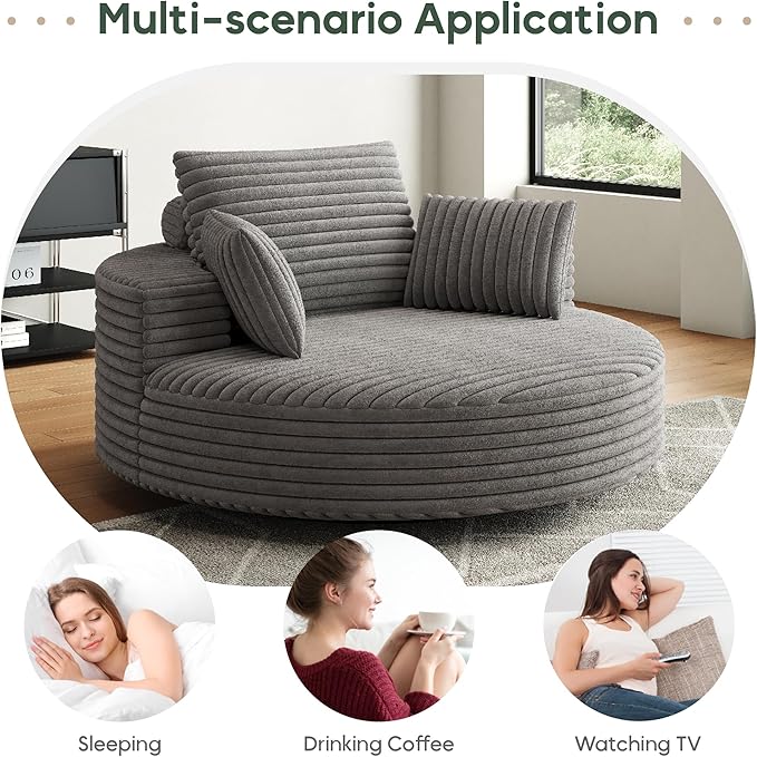 55 Oversized Round Swivel Chair 360° Corduroy Upholstered Barrel Sleeper Lounge Chair Deep Seat Single Sofa Armchair with Back Pillow Modern Accent Chair for Living Room Bedroom Grey