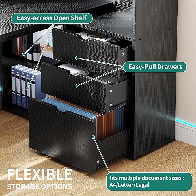 YITAHOME L Shaped Desk with Power Outlets &amp LED Lights &amp File Cabinet 55 Corner Computer Desk with 3 Drawers &amp 3 Storage Shelves Home Office Desk with Bookshelf Black