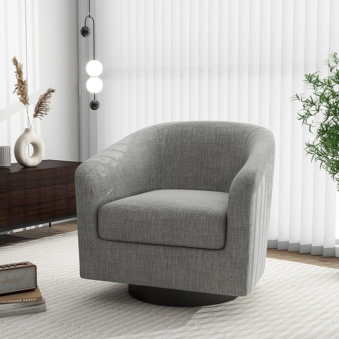 Swivel Barrel Accent Chair Modern Round Linen Arm Chair for Living Room Bedroom Comfy Club Reading Chairs for Adults（Linen Fabric Light Grey Set of 4