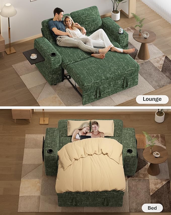 Vipbear 65 Loveseat Sleeper Sofa with Pull Out Bed Chenille 3-in-1 Convertible Sofa Bed with Reclining Backrest|USB Ports|Cup Holders|Side Table|Storage Armrests Tool Free Assembly Green