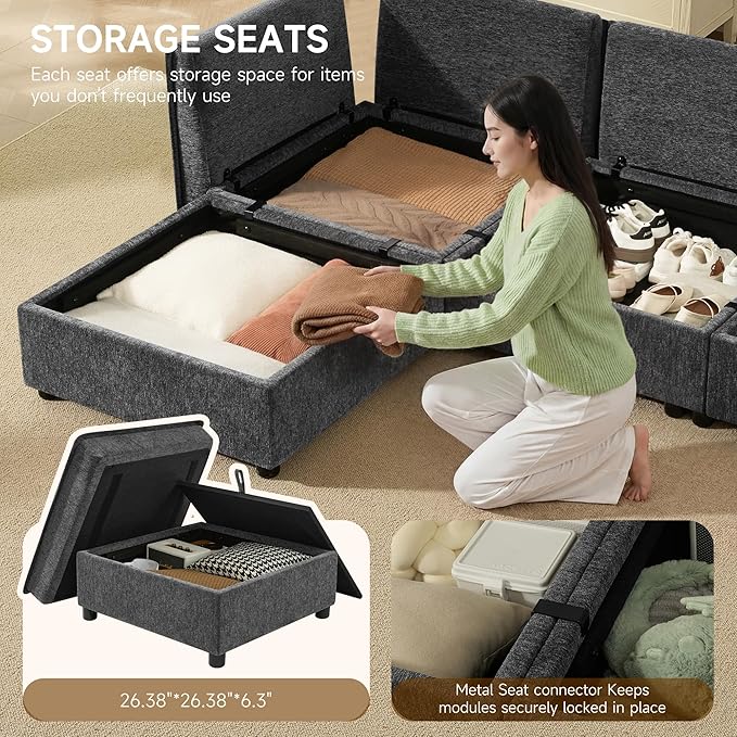 WorthFurni Modular Sectional Sofa Couches for Living Room Large Storage Couch with Washable Cover Comfy L Shaped Deep Seat Couch Set for Apartment Bedroom(4 Seater Dark Grey)