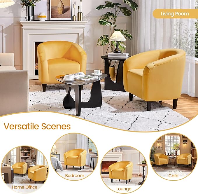 Yaheetech Accent Barrel Chair Velvet Club Chair Furry Sherpa Elegant Armchair with Cozy Soft Padded Suitable for Living Room Bedroom Reception Room Office Yellow