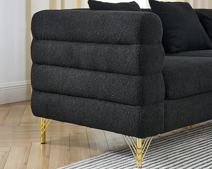 Modern Sofa Couch 81 W Teddy Bouclé Oversized Loveseat Cloud Sofa Upholstered Tufted Comfy Deep Seat Couch with Gold Legs &amp Pillows for Living Room Bedroom Office Apartment((3 Seater Black)