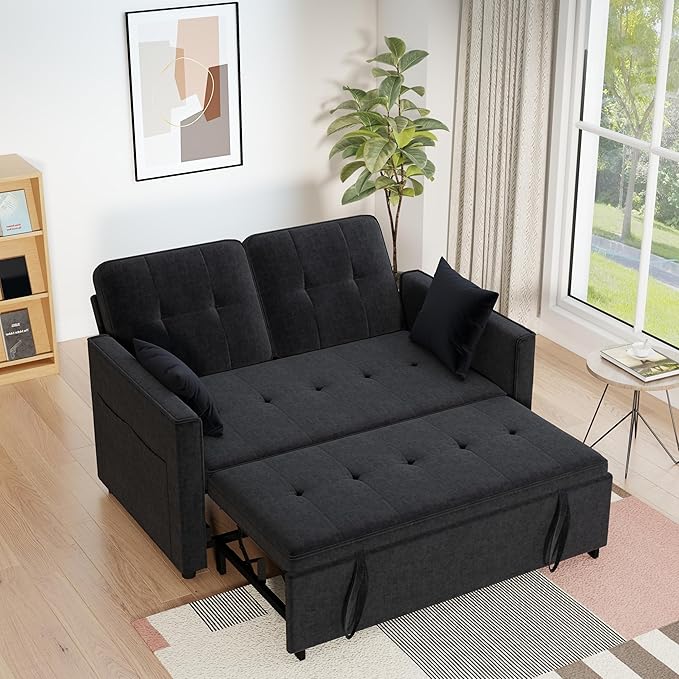 Pull Out Sofa Bed: 71 Black Convertible Loveseat Sleeper Sofa Bed for Small Space Modern 3 in 1 Couch with Storage Couch Beds for Living Room (Black)