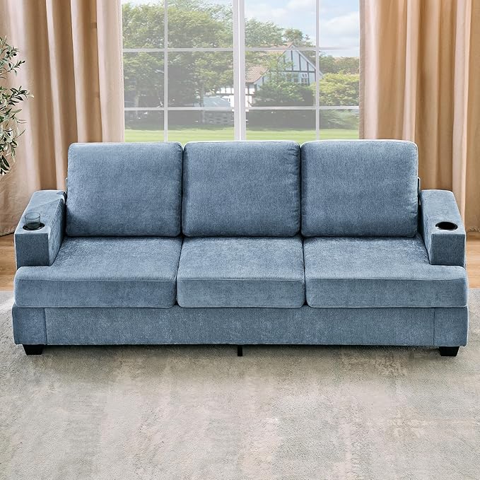 Garvee 89 Modern Sofa for Living Room 3-Seater Comfy Couches with Deep Seat Chenille Couch with Cup Holders and Side Storage Pockets for Apartment Lounge Blue