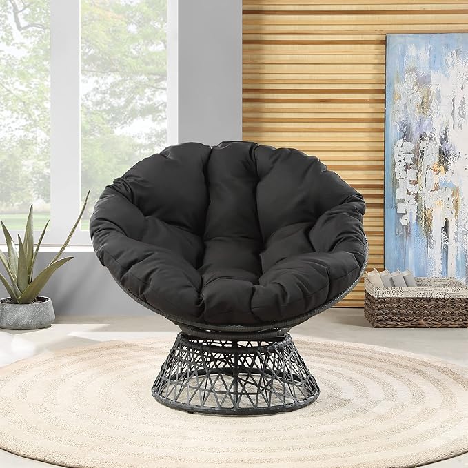 OSP Home Furnishings Wicker Papasan Chair with 360-Degree Swivel Grey Frame with Black Cushion