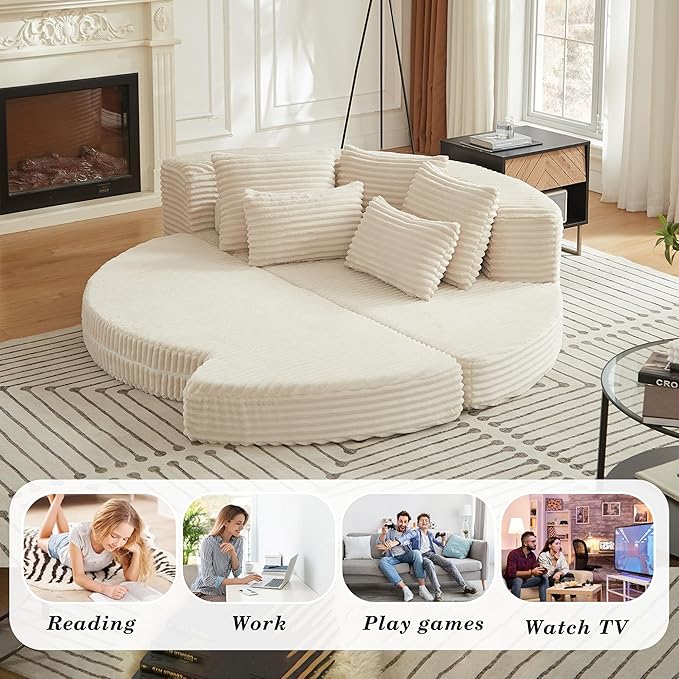 78.5 Beige Corduroy Boneless Right-Side Half Round Oversized Sofa Converts into Recliners Sofa Bed Convertible Lounge Chair Neck Pillow Design with Five Throw Pillows