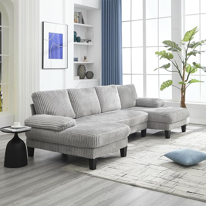114.2 Beige Sectional Couches for Living Room U Shaped Couch with Double Chaise Modern Comfortable Plush Corduroy 4-Seat Cloud Sofa Set with Chenille Fabric for Home Furniture (Light Gray)