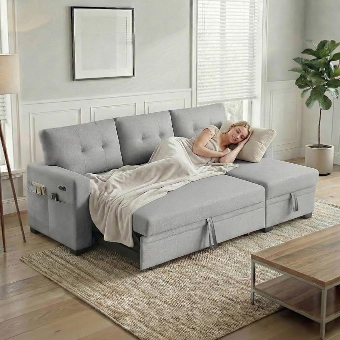 Convertible Sleeper Sofa Bed with Pull Out Couch L Shaped Couch with Chaise Storage USB Charge &amp Side Pocket Small Sectional Couches for Living Room Apartment | Linen Fabric | 82 | Light Grey