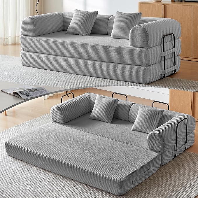 Convertible Sleeper Sofa Bed Sleeper Sofa with Pillow | Corduroy Fabric | High-Density Sponge | Fixed-Shape Frame Modular Sofa Bed for Living Room Lounge Studio (Light Grey)