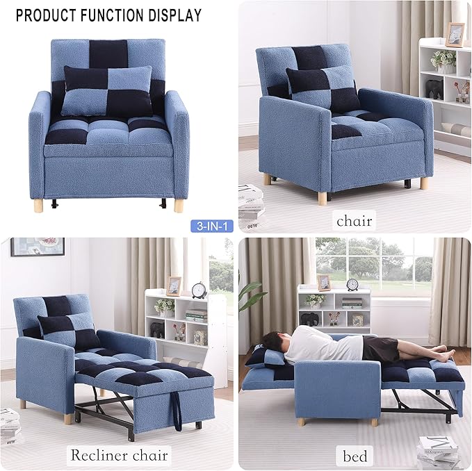 Sleeper Chair Bed Multi-Functional Convertible Chair Sleeper Teddy Fabric Adjustable Pull Out Sofa Bed with Lumbar for StudioDorm Apartment BedroomOfficeLiving Room (Blue)