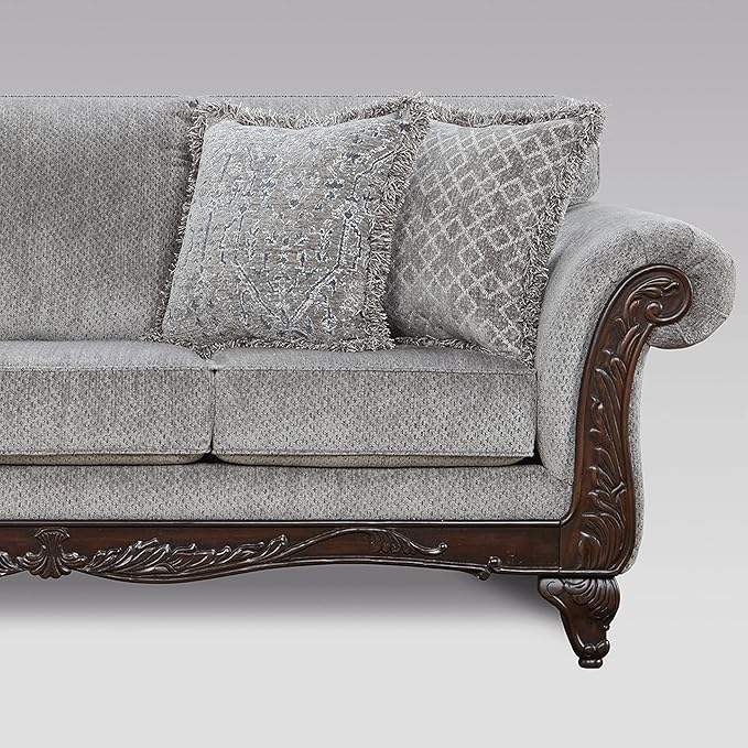 Hernen Carved Wood Frame Sofa Gray