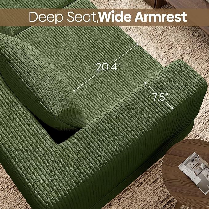 L-Shaped Corduroy Modular Sectional Couch Modern Floor Couch Sofa for Apartment Living Room Convertible Sleeper Sofa Bed with 3 Pillows No Assembly Required Green