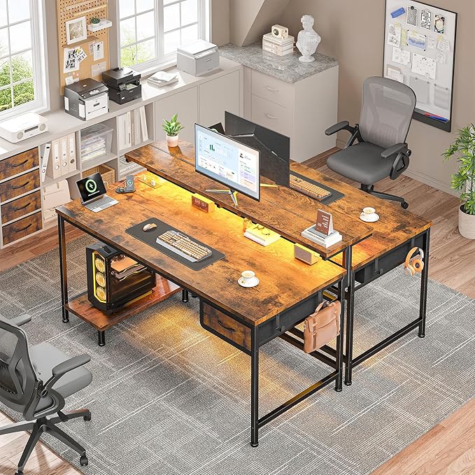 39.3Inch Office Desk with Power Outlet &amp Drawer Gaming Desk with CPU Stand&amp LED LightsComputer Desk with Ergonomic Monitor Stand for Small SpaceRustic Brown