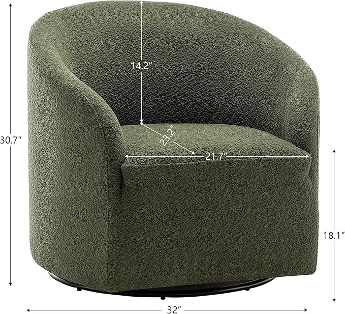 KINWELL 32 Wide Modern Boucle Swivel Barrel Chair No Assembly Round Upholstered Swivel Accent Armchair for Living Room Bedroom Office (Green)