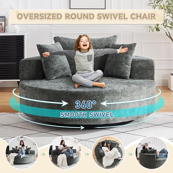 360° Oversized Swivel Chair Modern Circle Round Lounge Chair with Deep Seat Comfy Back Cushion &amp 2 Throw Pillows for Living Room Bedroom Office Dark Green Chenille