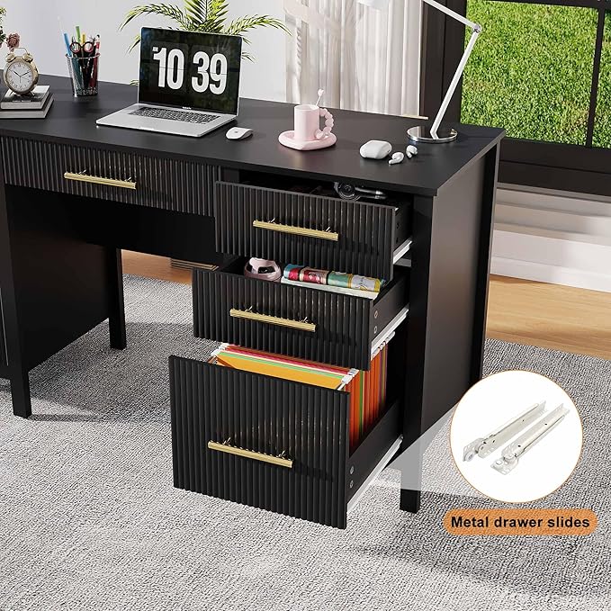 Black Executive Desk with Drawers: 54 Wood Computer Desk with File Drawer Modern Home Office Desks with Storage Fluted Writing Desks for Working Studying (Black 54)
