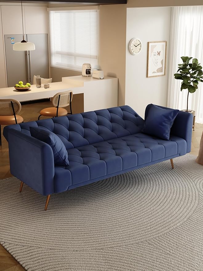 71 Convertible Velvet Futon Sofa Bed Loveseat with Multiple Adjustable BackrestsModern Sleeper Couch with Golden Metal Legs for Living RoomApartmentOfficeBlue