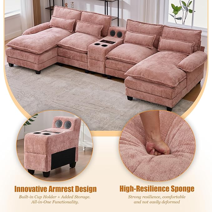 126 Modular Sectional Sofa with Storage Console Cloud Couch Chenille U-Shaped Sofa Cup Holders &amp Wireless Charger Memory Foam Double Chaise for Living Room Office Pink