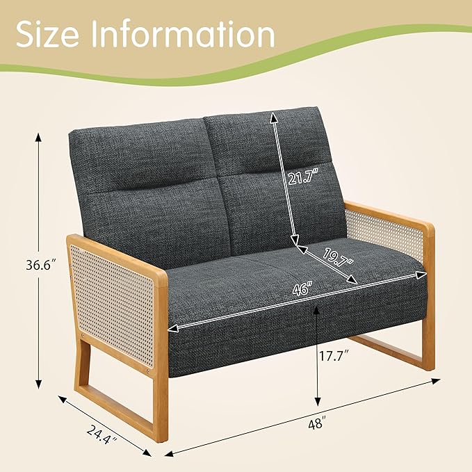 Alunaune Modern Loveseat Bench Couch with Natural Rattan Arm Upholstered Linen Small Love Seat Sofa 2-Seats Living Room Couch Settee Comfy Lounge Recliner Chair-Grey