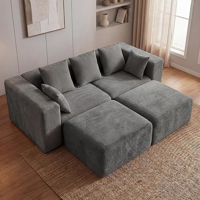 Redlife 117” Modular Sectional Sofa with Ottoman L Shaped Modular Couch Large Sectional Couches Corduroy Combination Sofas for Living Room Apartment Bedroom No Assembly Required Gray