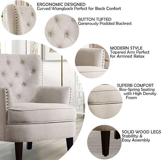 Rosevara Atlas Mid-Century Modern Accent Chair - Upholstered Tufted Armchair with Soft Cushion for Living Room Bedroom &amp Small Spaces