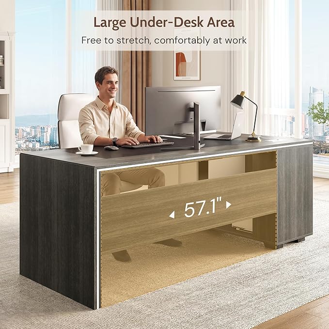 71 L-Shaped Executive Desk with Cabinet Storage Large Office Computer Desk with Storage Shelves Under-Desk Bookshelf CPU Stand Cable Management Business Furniture Workstation (Gray)