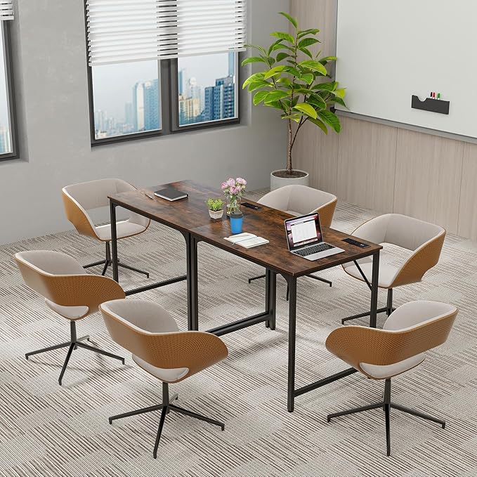 COSTWAY Home Office Desk 32 Inch Computer Desk with Recessed Power Strip Storage Bag &amp Headphone Hook Wide Desktop Modern Computer Workstation Writing Table for Home Office (Rustic Brown + Bl