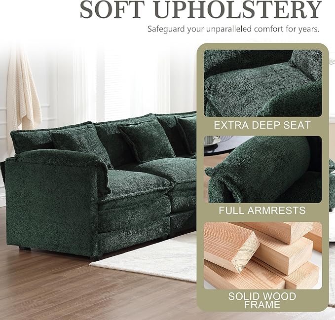 Modular Sectional Sofa Cloud Couch 112 L-Shape Sofa Chenille Comfy Upholstered with Removeable Ottoman and 3 Pillows for Living Room Emerald