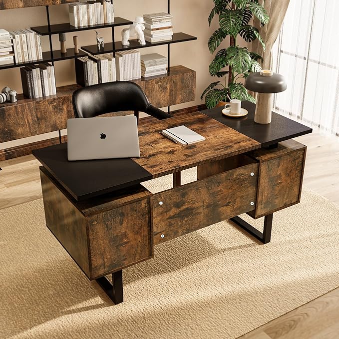 LEEMTORIG Computer Desk with Drawers 59 inch Large PC Gaming Desk Modern Industrial Study Student Writing Table Workstation Black &amp Rustic Brown CTSZ-20401-CM